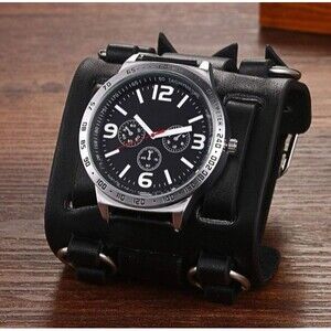 Mens Retro Steampunk Rock Black Wide PU Leather Bracelet Cuff Watch Big Face NEW